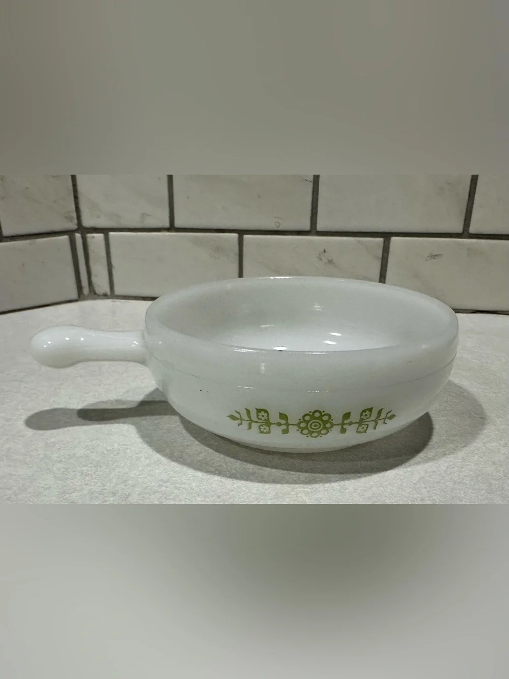 6 -Glasbake Milk Glass Handled Soup Bowl Green Daisy Floral J-2639 MCM USA VTG
